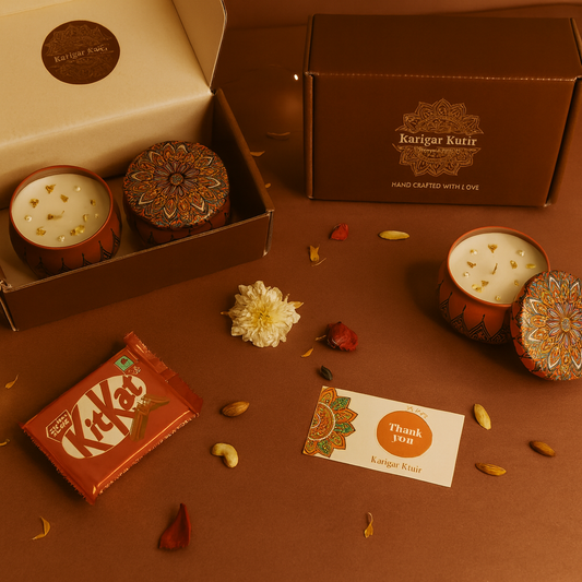Mandala Glow Jar Candle Gift Set by Karigar Kutir — handcrafted soy wax fragrant candles in red mandala-patterned jars, beautifully packed with a thank-you card, chocolates, and festive décor for Diwali gifting and home ambience.