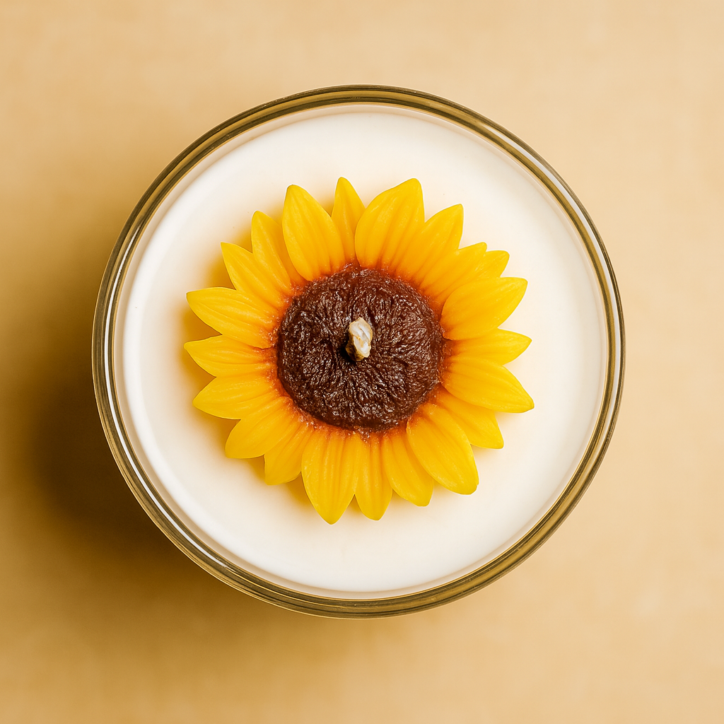 “Sunflower Motif Jar Candle by Karigar Kutir – handmade round glass candle with bright yellow sunflower wax design and creamy soy wax base.”