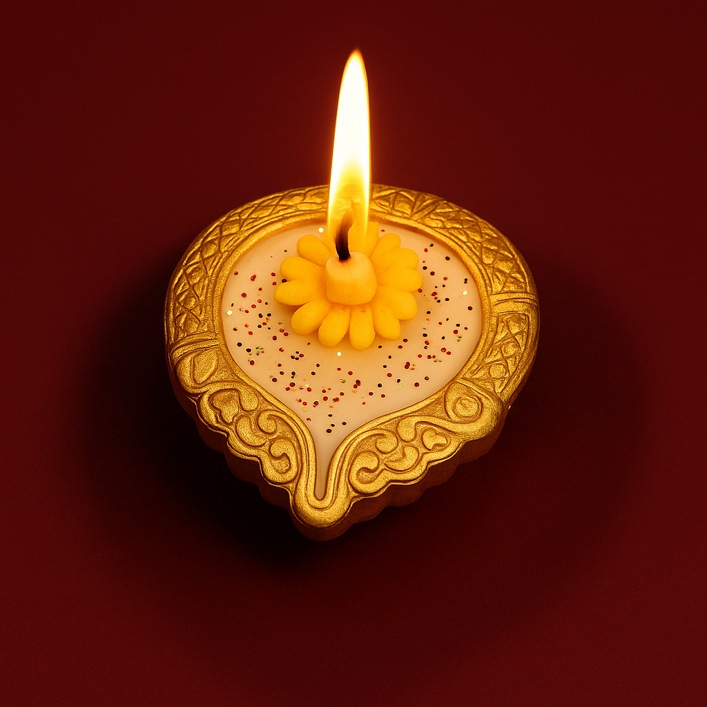 Amber Bloom Diya Candle by Karigar Kutir — handcrafted soy wax fragrant candle in a golden floral diya holder with marigold design, glowing warmly against a deep red background for Diwali décor and gifting.