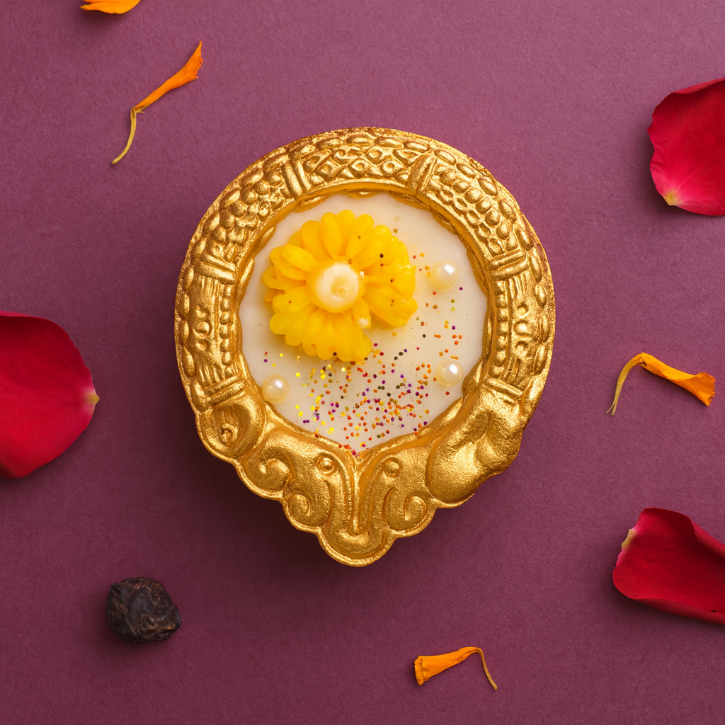 Amber Bloom Diya Candle by Karigar Kutir — handcrafted soy wax fragrant candle in a golden floral holder with yellow marigold design, surrounded by rose petals and marigold flakes on a plum background for festive décor and gifting.