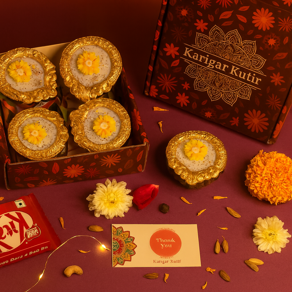 Amber Bloom Diya Candle Gift Set by Karigar Kutir — handcrafted soy wax fragrant candles in golden floral holders, beautifully packed with marigold flowers, chocolates, and a thank-you card for Diwali gifting and festive décor.