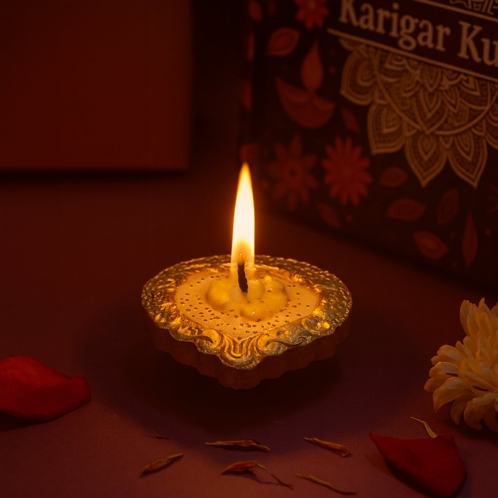 Amber Bloom Diya Candle by Karigar Kutir — lit handcrafted soy wax fragrant candle in an ornate golden holder, glowing warmly against a festive background with rose petals and flowers, perfect for Diwali décor and gifting.