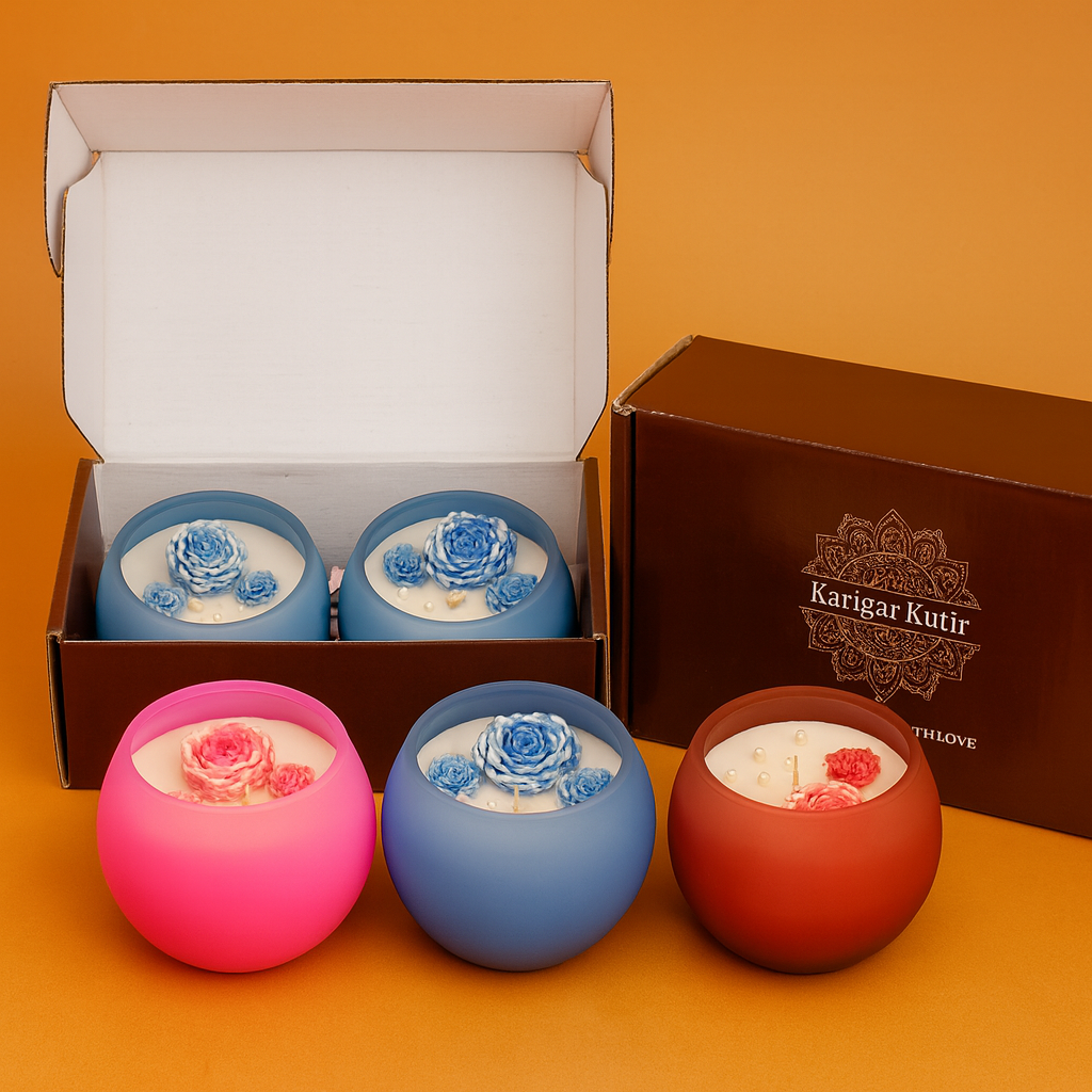 Bloom Aura Candle Gift Set by Karigar Kutir – handmade floral jar candles in pink, blue and brown colors packed in premium festive gift boxes.”