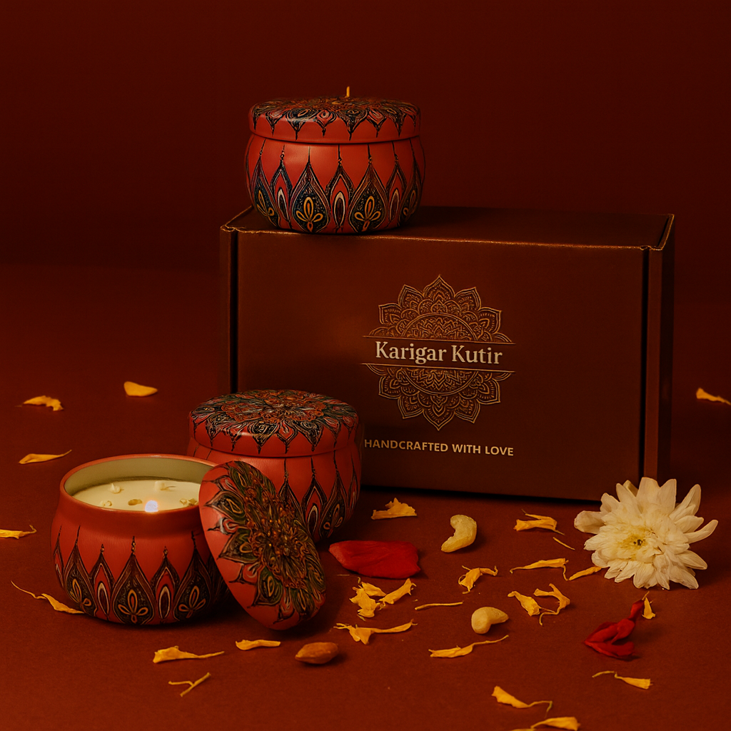 Red candles with intricate designs on a brown box labeled 'Karigar Kutir' against a red background.