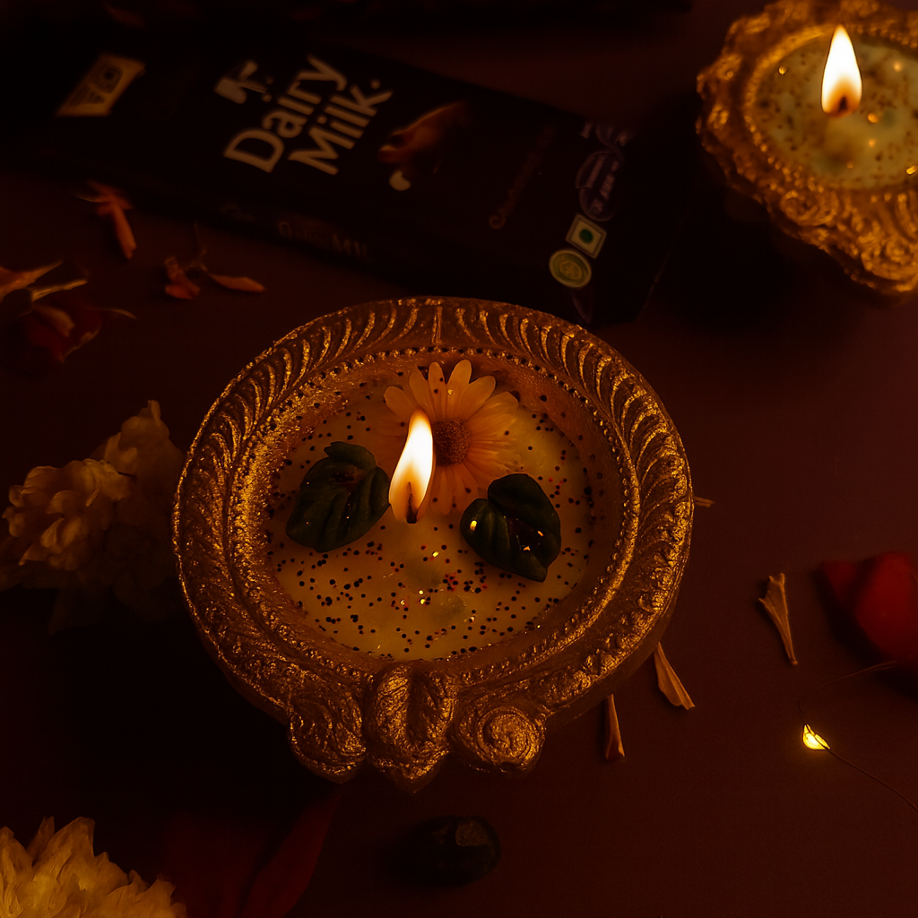 Golden Radiance Diya Fragrant Candle by Karigar Kutir — lit soy wax candle in ornate golden holder with floral marigold design, surrounded by warm festive décor and soft lighting, symbolizing luxury and Diwali celebration.