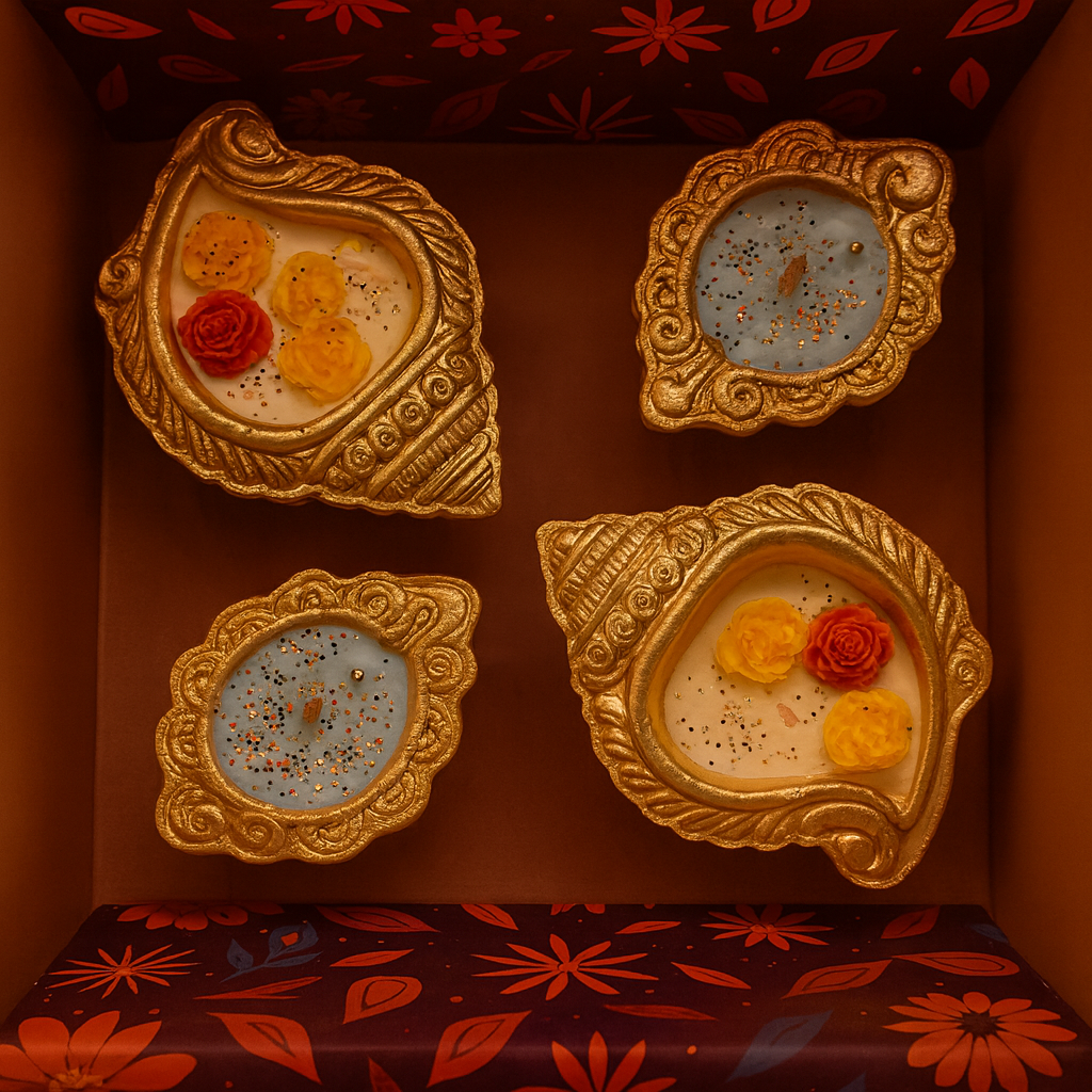 Golden Shankh Aura Set by Karigar Kutir — box of four handcrafted soy wax fragrant candles in ornate golden shankh and diya-shaped holders with red and yellow floral accents, elegantly arranged for Diwali gifting and festive décor.