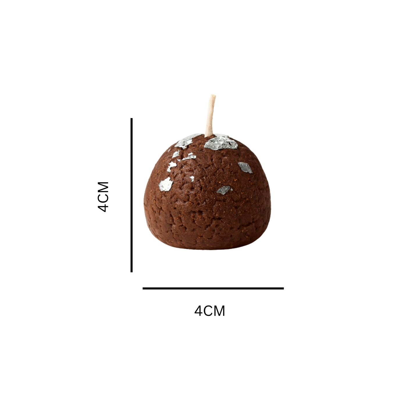 Single Gulab Jamun-shaped handcrafted soy wax candle with silver varq detailing on plain background — minimalist product image highlighting texture and craftsmanship by Karigar Kutir. measurements on a white background