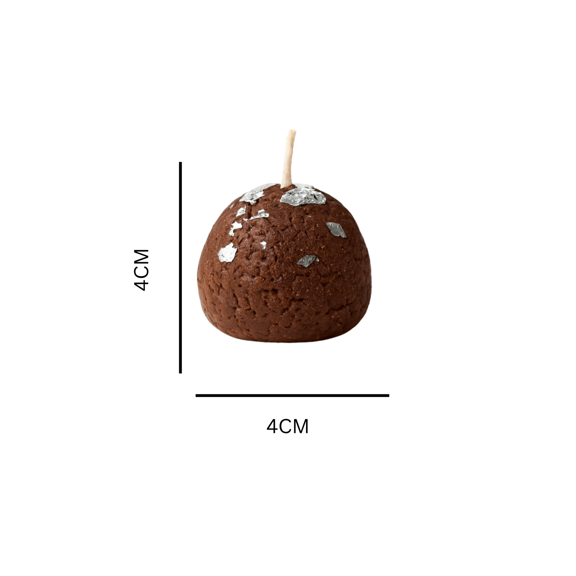 Single Gulab Jamun-shaped handcrafted soy wax candle with silver varq detailing on plain background — minimalist product image highlighting texture and craftsmanship by Karigar Kutir. measurements on a white background