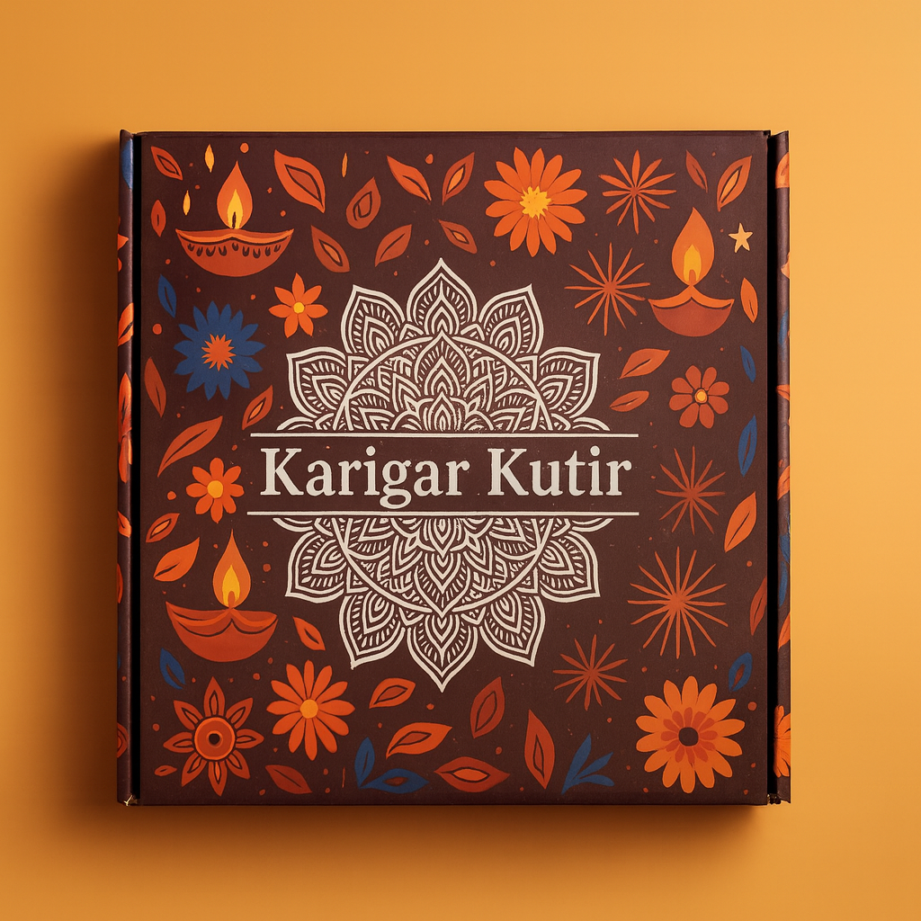 Karigar Kutir premium festive gift box with maroon and gold mandala design, featuring diyas and floral patterns — elegant packaging for handcrafted candles and Diwali gifting.