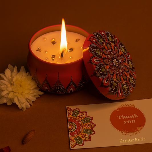 Mandala Glow Jar Candle by Karigar Kutir — handcrafted soy wax fragrant candle in a red mandala-patterned jar with golden accents, glowing warmly beside a thank-you card and white flower, perfect for Diwali décor and gifting.