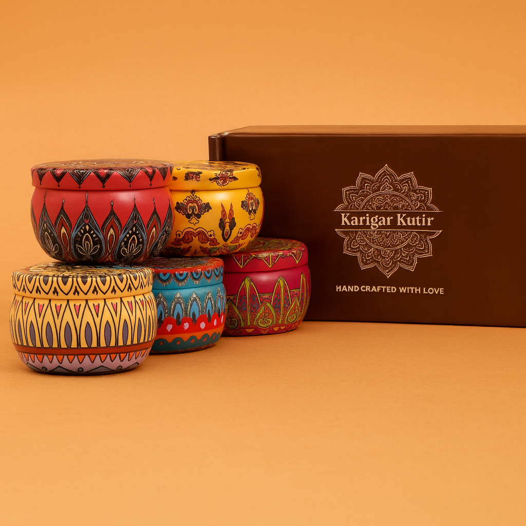 Mandala Glow Jar Candle Collection by Karigar Kutir — a set of vibrant handcrafted soy wax candles in artistic mandala-patterned jars, perfect for home décor, festive ambience, and luxury gifting.