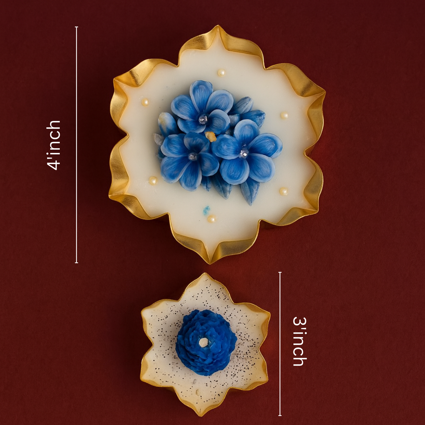 “Blue floral urli candle set with size dimensions 4 inch and 3 inch — handcrafted soy wax candles with golden rim bowls and detailed flower embellishments by Karigar Kutir.”