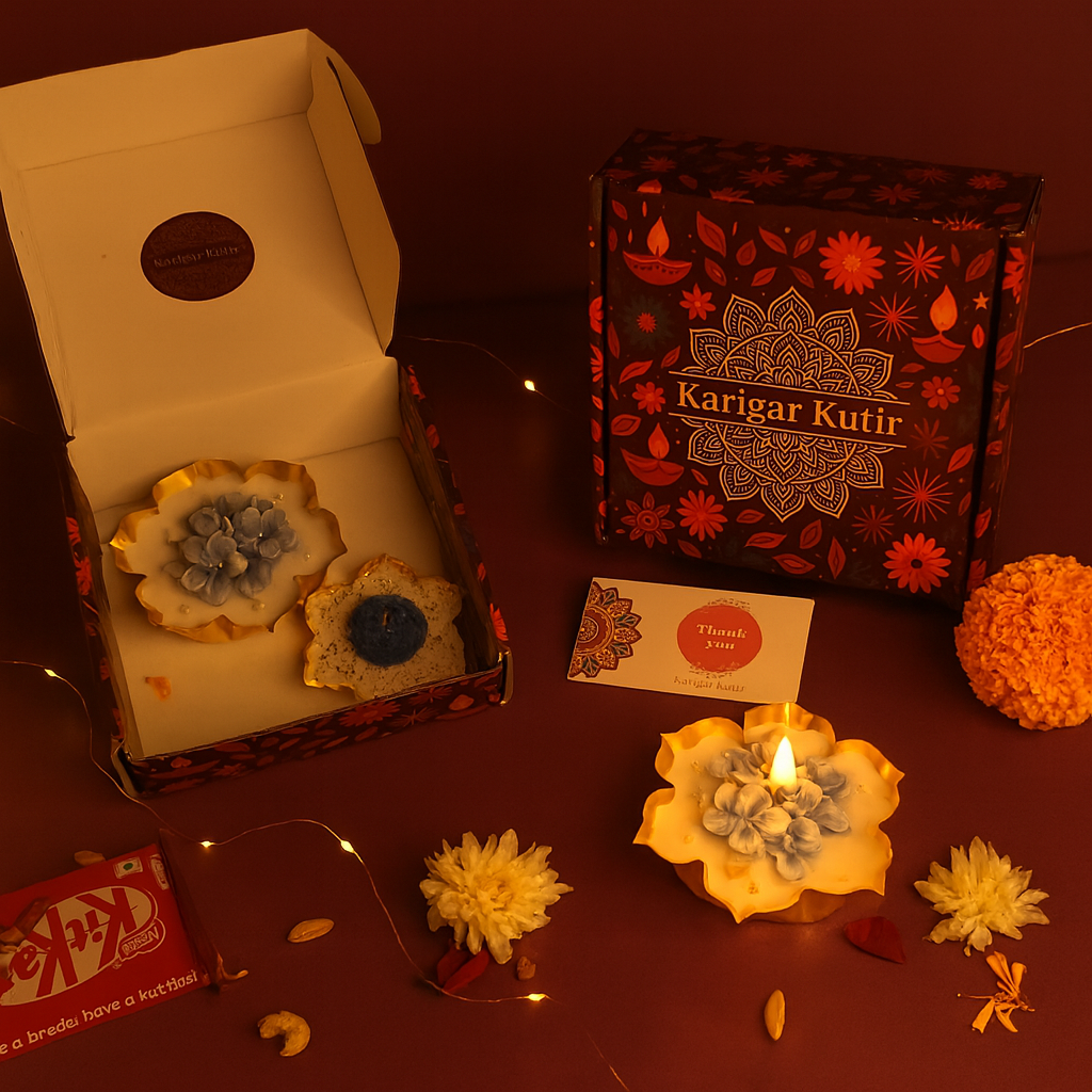 “Lit blue floral urli soy wax candle glowing in golden bowl — luxurious handcrafted Karigar Kutir Diwali candle for festive ambience and gifting.”