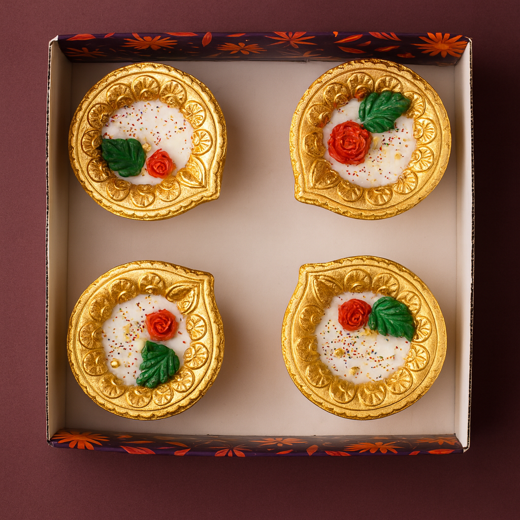 Golden diya candle gift box with four handcrafted soy wax diyas — red rose and green leaf floral design by Karigar Kutir, perfect for festive décor