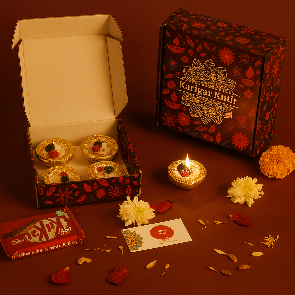 “Karigar Kutir Golden Blossom Diya Candle Gift Set — four handcrafted golden diyas with rose detailing in festive box packaging, ideal for Diwali gifting.”