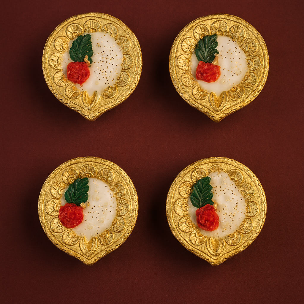 “Set of four golden blossom diya candles with red rose and green leaf detailing — handcrafted soy wax festive décor by Karigar Kutir.”