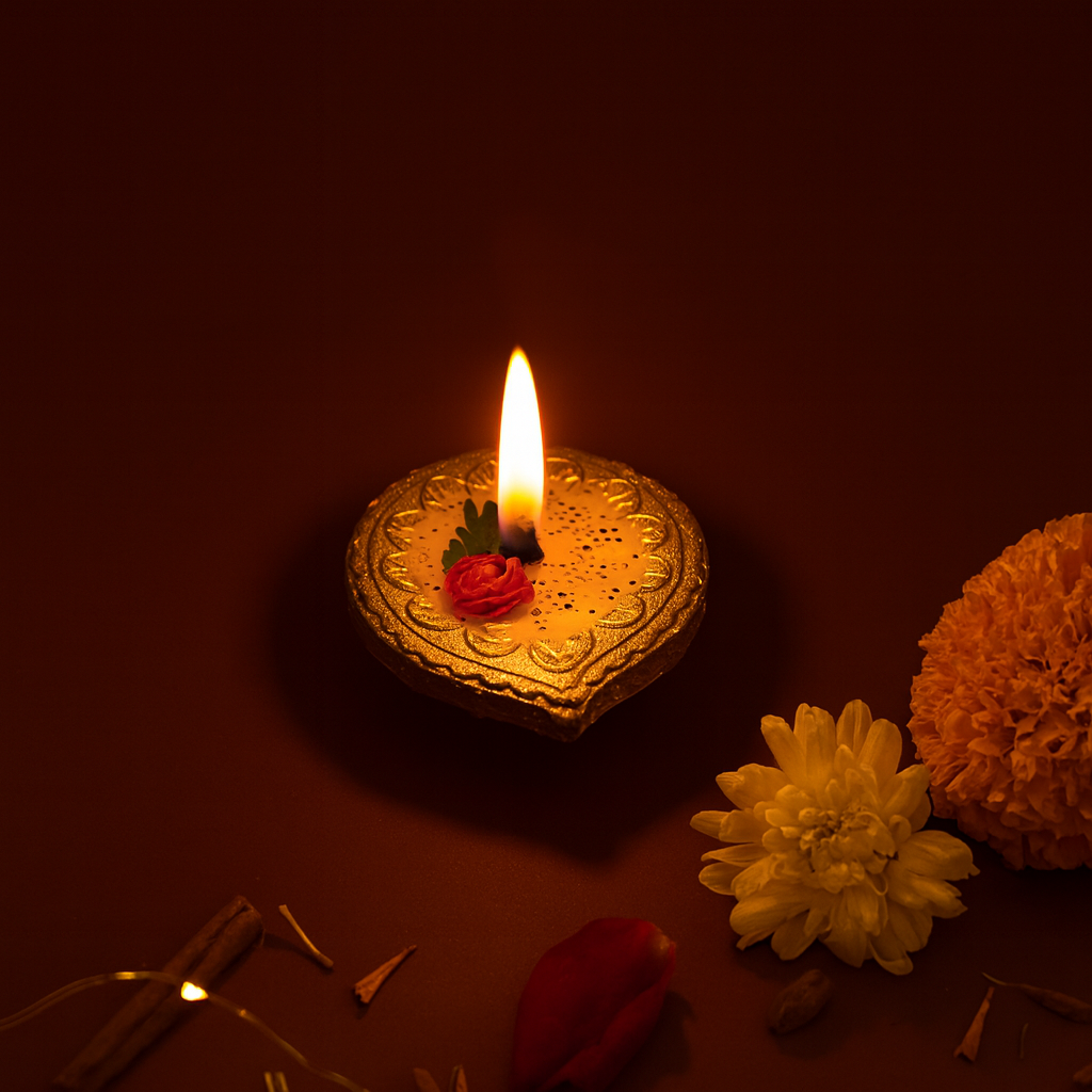 “Lit handcrafted golden diya candle with red rose accent — premium soy wax festive light for Diwali décor and gifting by Karigar Kutir.”