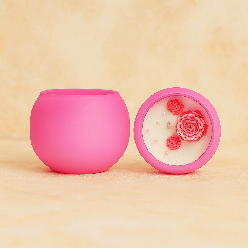 “Pink Bloom Aura Candle by Karigar Kutir – handmade floral jar candle with wax roses and pearls, perfect for Diwali gifting and home ambience.”