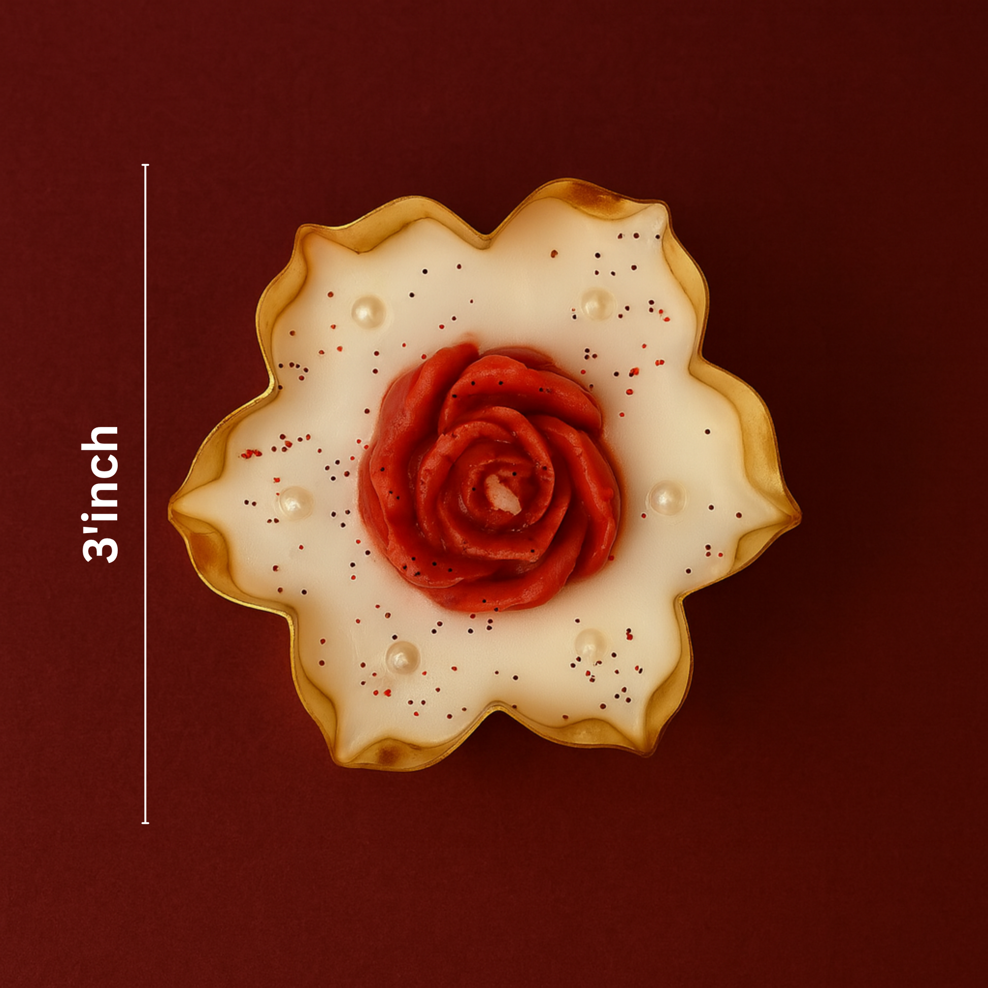 3-inch handcrafted red rose urli candle in golden petal bowl — soy wax festive décor piece by Karigar Kutir with pearl and glitter detailing