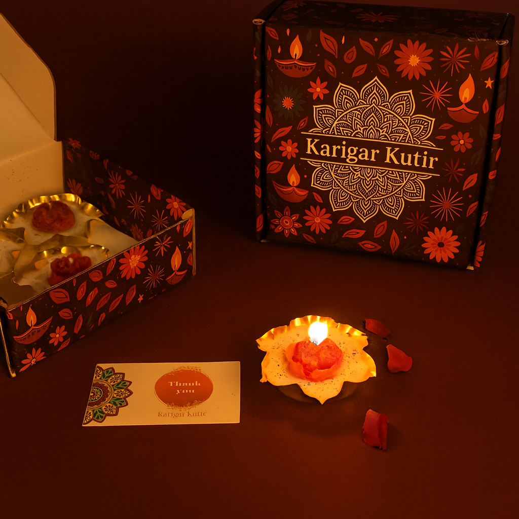 Karigar Kutir red rose urli candle gift set — glowing handcrafted soy wax candle in festive box packaging with thank-you card and rose petals.