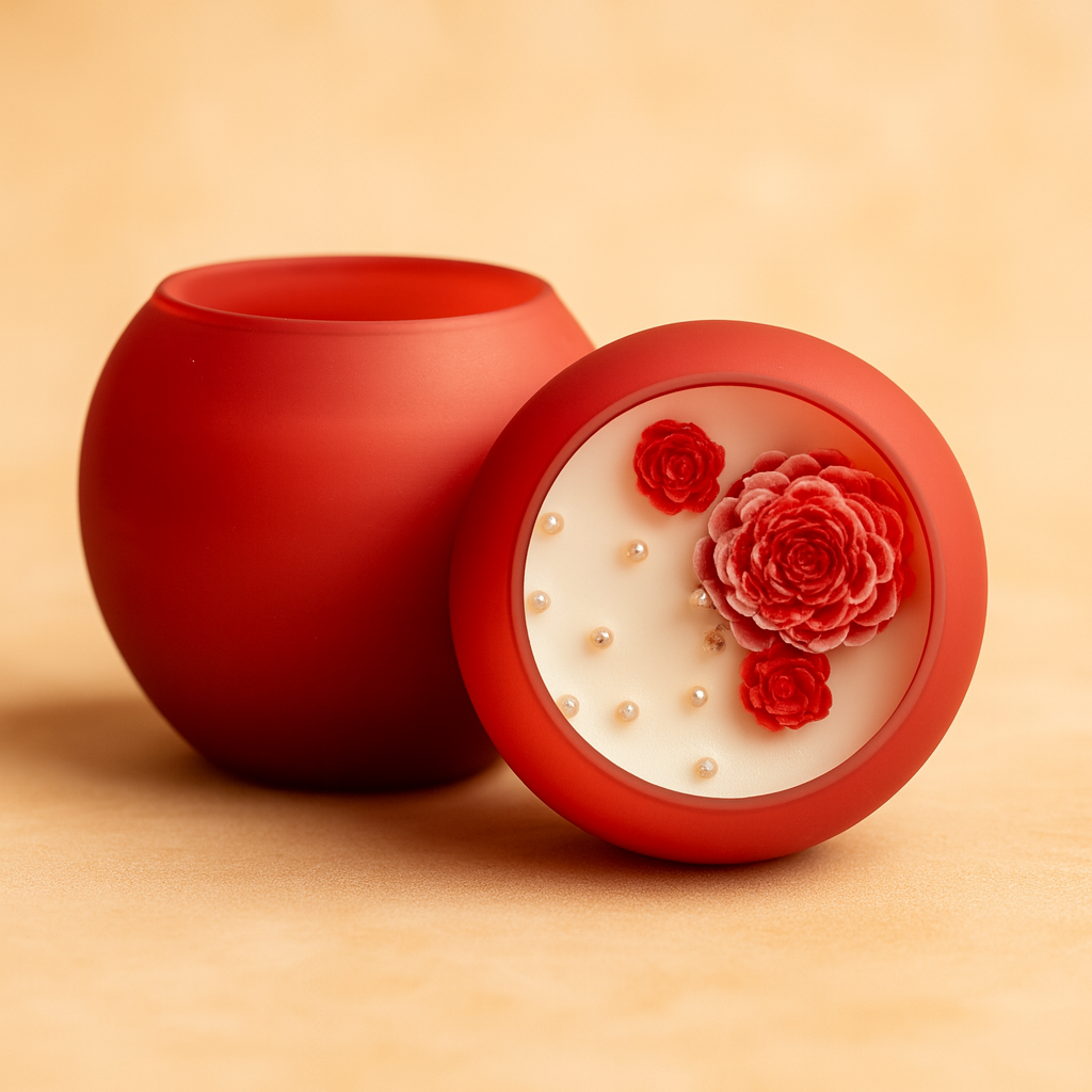 “Red Bloom Aura Candle by Karigar Kutir – handcrafted round jar candle decorated with red wax flowers and pearls for luxury festive home decor.”