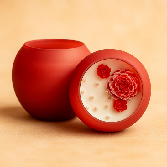 “Red Bloom Aura Candle by Karigar Kutir – handcrafted round jar candle decorated with red wax flowers and pearls for luxury festive home decor.”