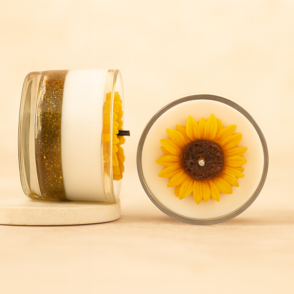 “Set of 2 Sunflower Motif Jar Candles by Karigar Kutir – handcrafted decorative candles with golden glitter layer and sunflower wax art for festive home decor.”