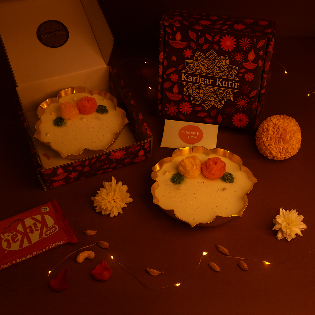 “Handcrafted floral urli candle lit with twin flames, yellow and orange rose detailing, festive soy wax design in golden bowl — Karigar Kutir Diwali gift box set.”