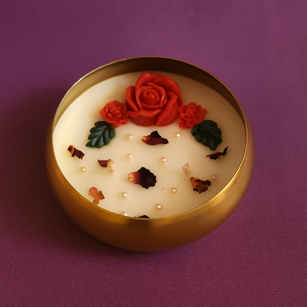Decorative candle with red roses and green leaves on a purple background