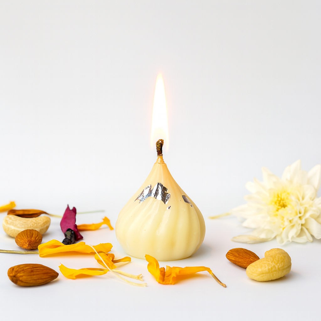 Handcrafted white Modak-shaped soy wax candle with silver varq detailing, surrounded by almonds, cashews, marigold petals, and a white flower — symbolizing festive warmth and traditional elegance by Karigar Kutir.