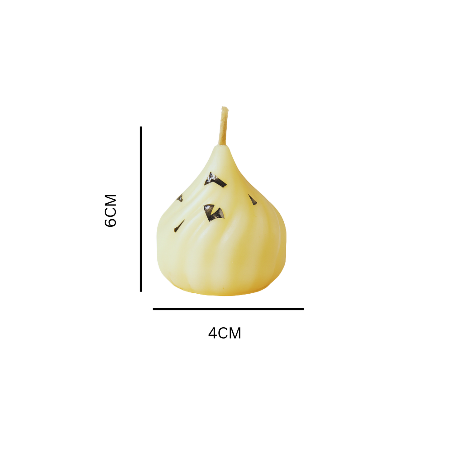 Single Modak-shaped soy wax candle with silver varq accents, handcrafted by Karigar Kutir — minimalist product image on plain background showcasing elegant design and smooth texture, AND MESURMENT 5*4