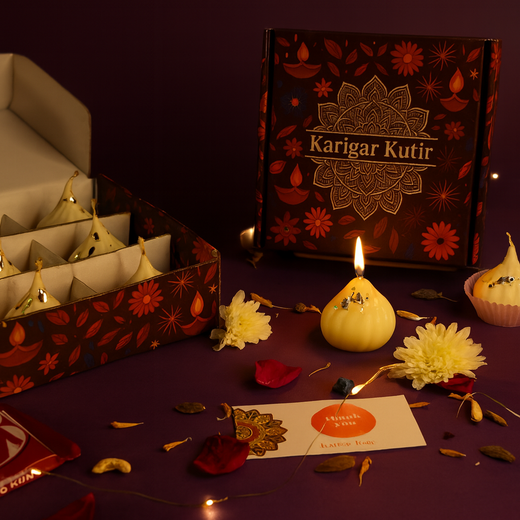 Karigar Kutir festive gift box with handcrafted Modak-shaped candles, lit centerpiece candle, marigold flowers, rose petals, and thank-you card — styled with warm fairy lights and deep maroon background for a luxurious Diwali presentation.