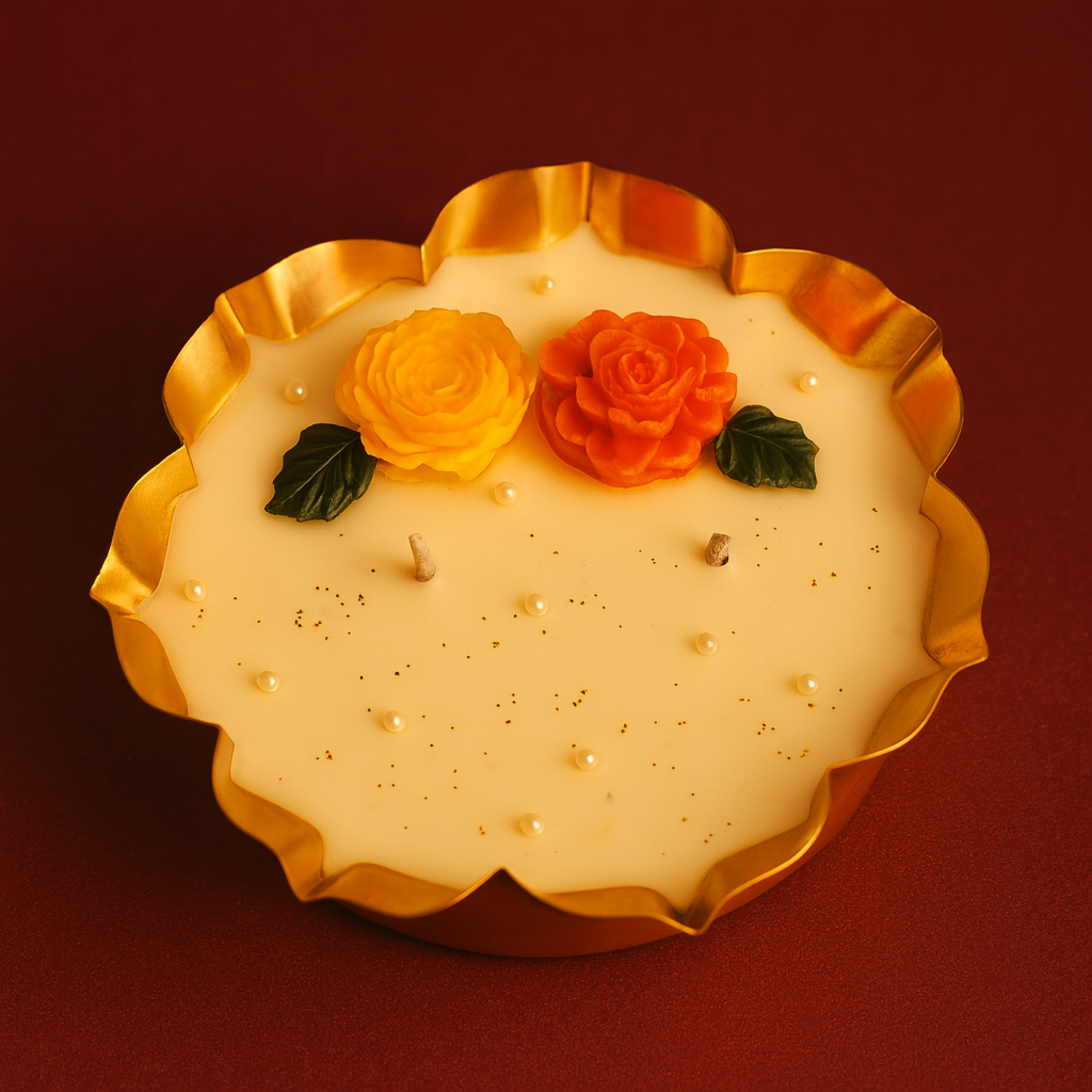 Handcrafted floral urli soy wax candle with yellow and orange rose motifs in a golden bowl — premium festive décor by Karigar Kutir, perfect for Diwali gifting