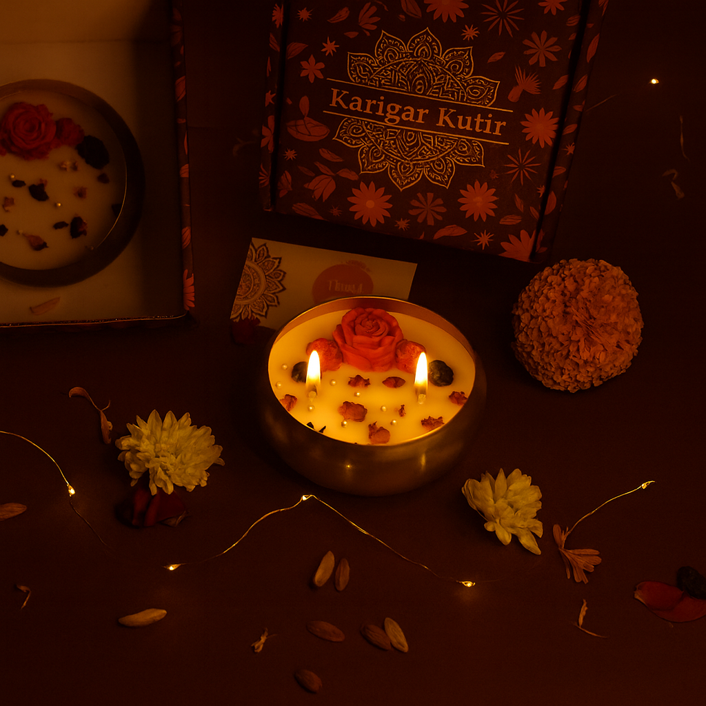 Decorative candle with flowers and a 'Karigar Kutir' box in a warm, dimly lit setting.