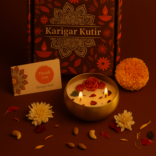 Decorative candle with flowers and a 'Karigar Kutir' branded box on a dark background