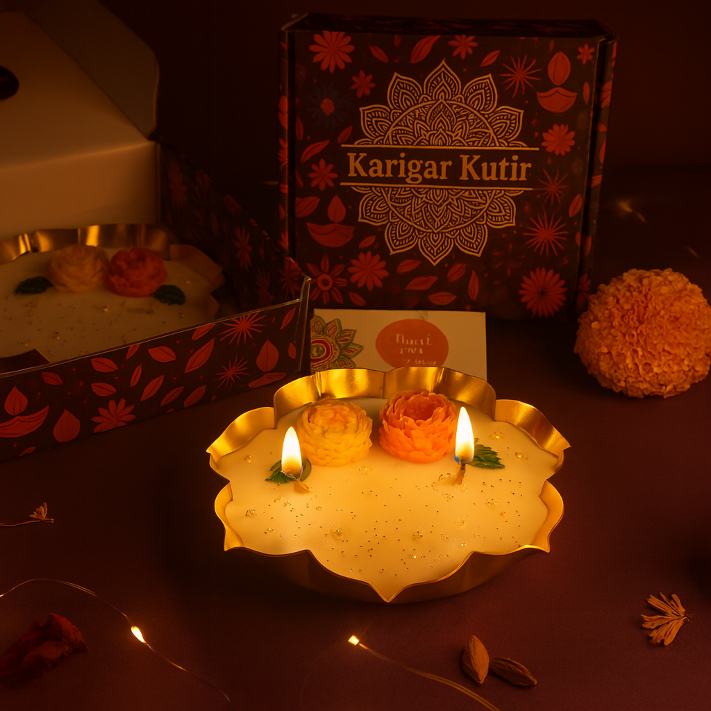 “Lit floral urli candle with golden petals and handcrafted yellow-orange roses — premium soy wax Diwali décor by Karigar Kutir, in festive gift box packaging.”